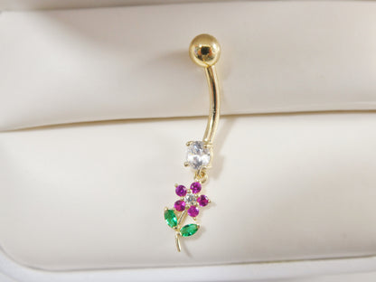 14k Real Solid Yellow Gold Color Leaf Flower Dangling Belly Button Ring Piercing