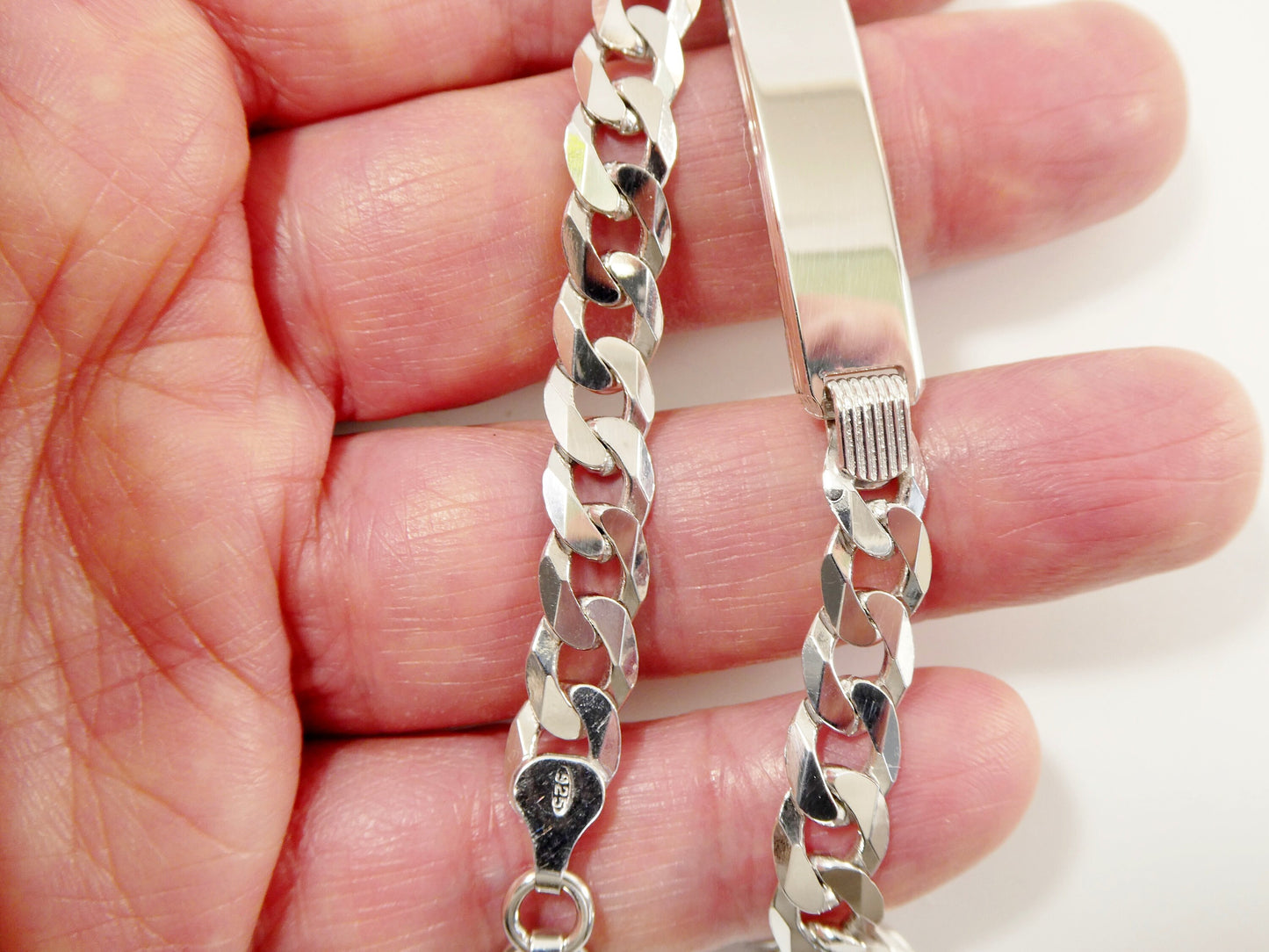 8.5 inch real 925 sterling silver solid curb men ID bracelet
