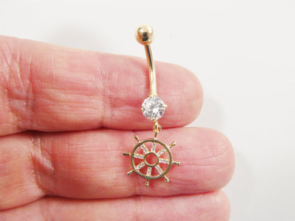 14k Real Solid Yellow Gold Ship Wheel Dangling Belly Button Ring Piercing