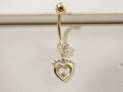 14k Real Solid Yellow Gold Heart Dangling Belly Button Ring Piercing