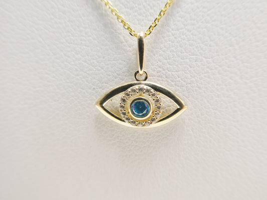 14k real solid yellow gold evil eye pendent and cable necklace