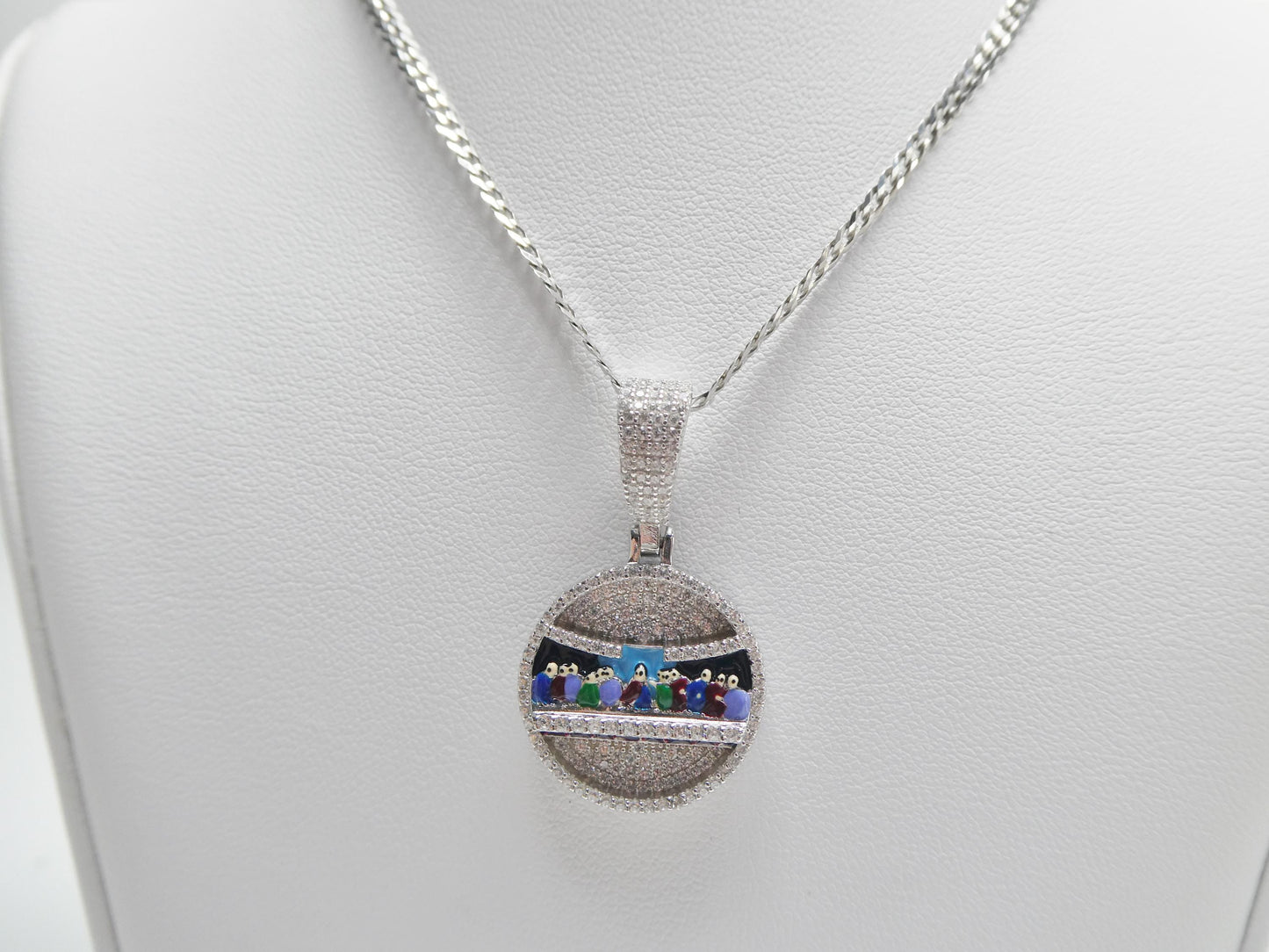 real 925 sterling silver 20 inch flat chain and enamel last supper pendent charm