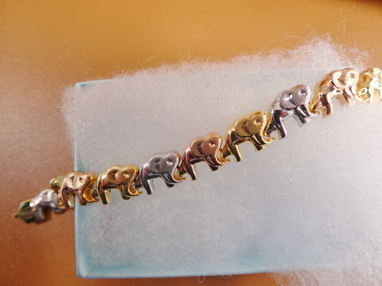 6.5 /7/ 8/ 10 inch tri color elephant bracelet 14k gold color tone over real 925 sterling silver