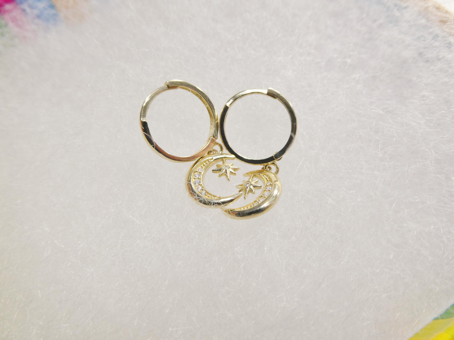 real 10k solid yellow gold designer moon and star hoop huggie earrings