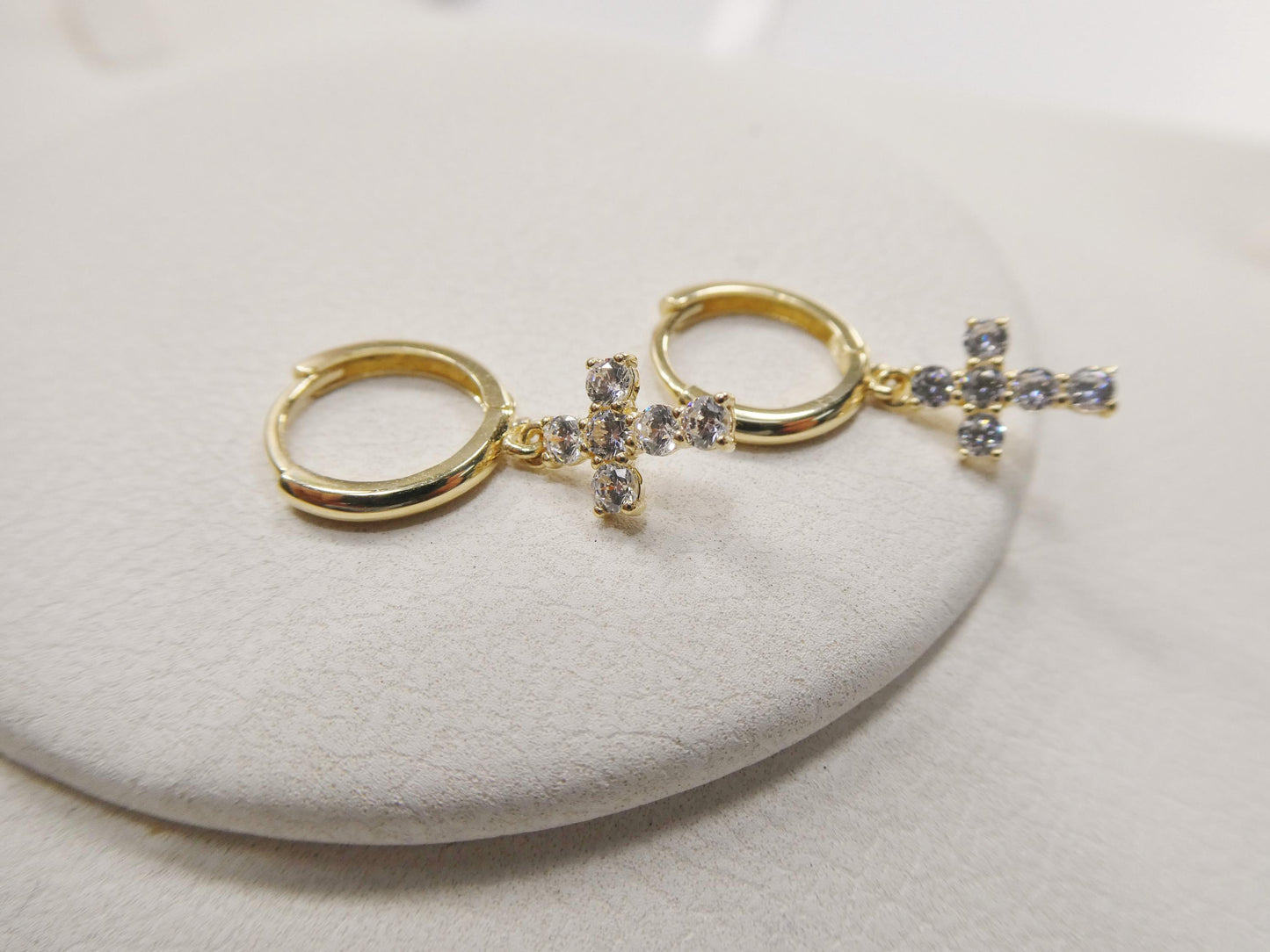 real 10k solid yellow gold cross dropping hoop huggie earrings