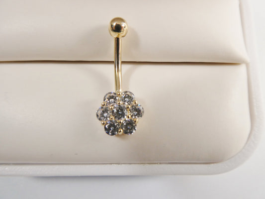 14k real solid yellow gold full stone flower belly button ring piercing
