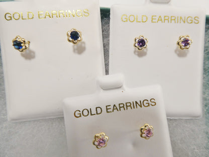 10k Real Solid Yellow Gold Birthstone Screw Back Children Earrings Flower Shape