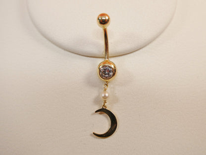 14k Real Solid Yellow Gold Dangling Moon Belly Button Ring Piercing