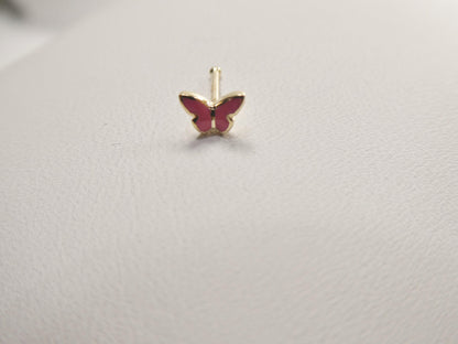 14k Real Solid Yellow Gold Tiny Pink Butterfly Stud Nose Ring