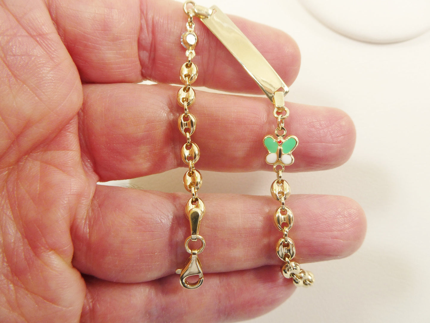 14k Yellow Gold Baby ID Bracelet: Enamel Butterfly Mariner Chain