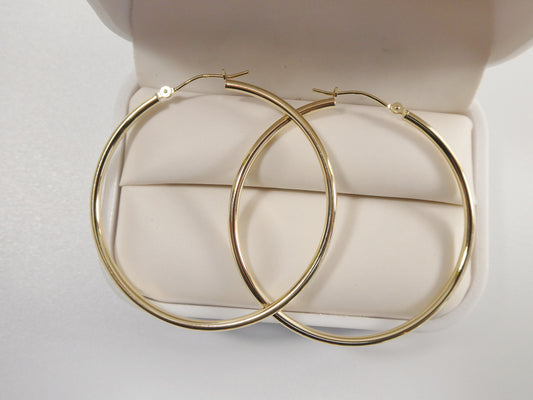 14K real solid yellow gold 2mm / 45mm round hoop earring snap closure high polish finish