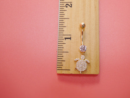 14k Real Solid Yellow Gold Dangling Turtle Belly Button Ring Piercing