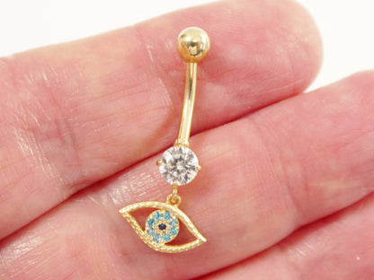 14k Real Solid Yellow Gold Evil Eye Dangling Belly Button Ring Piercing