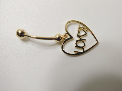 14k Real Solid Yellow Gold Heart I Love You  Belly Button Ring Piercing