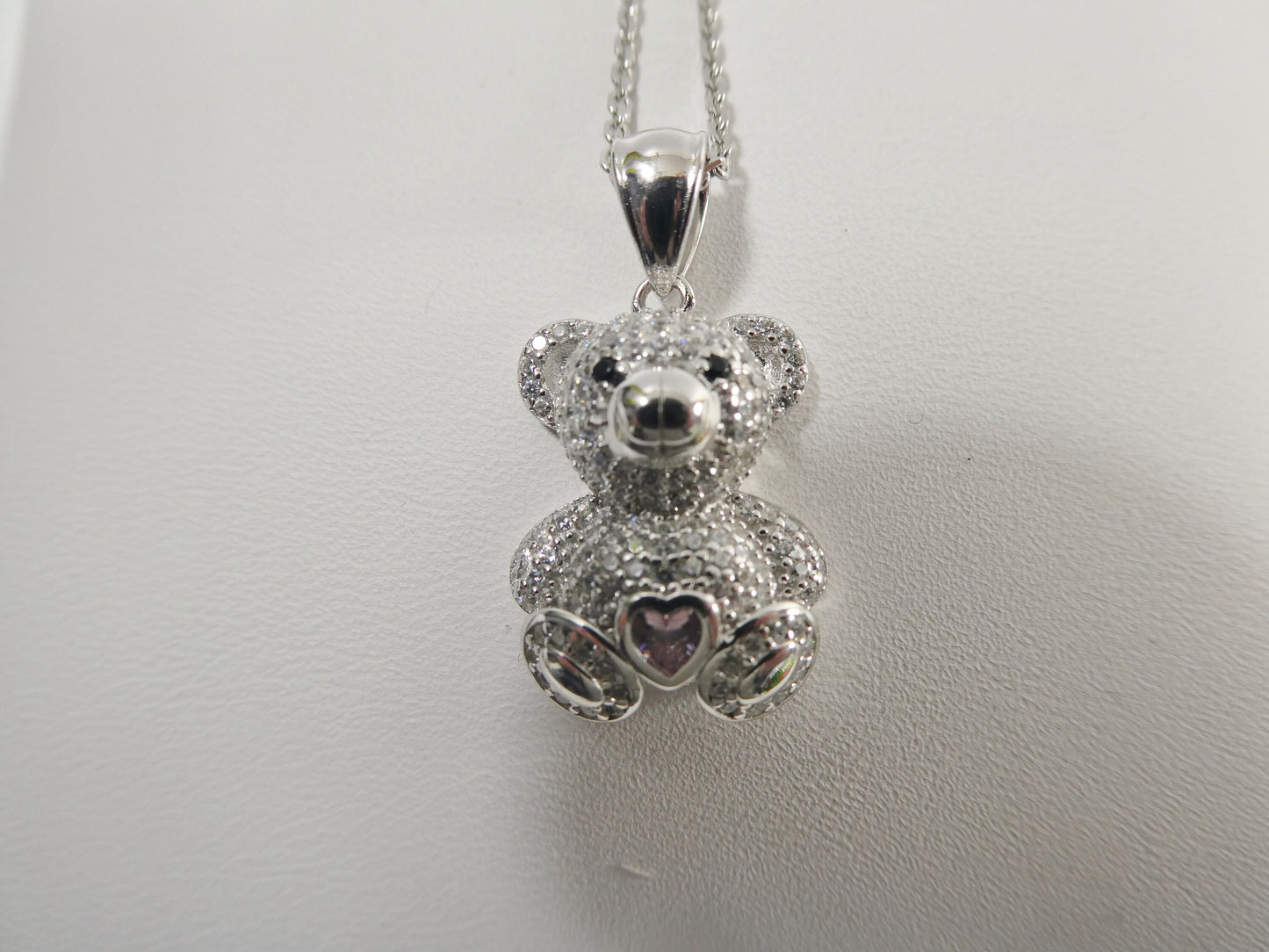 925 sterling silver teddy bear pink stone set chain and pendent