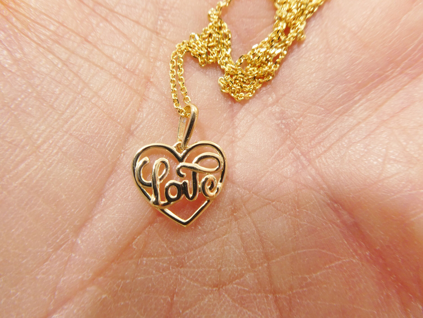 14k real solid yellow gold love heart pendent and cable necklace