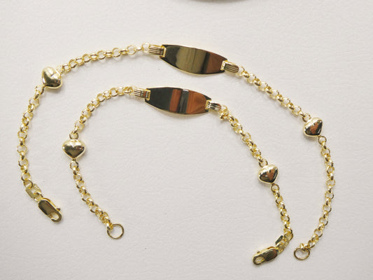real 10k solid yellow gold 5.5/ 6.5 inch children/women double heart id bracelet