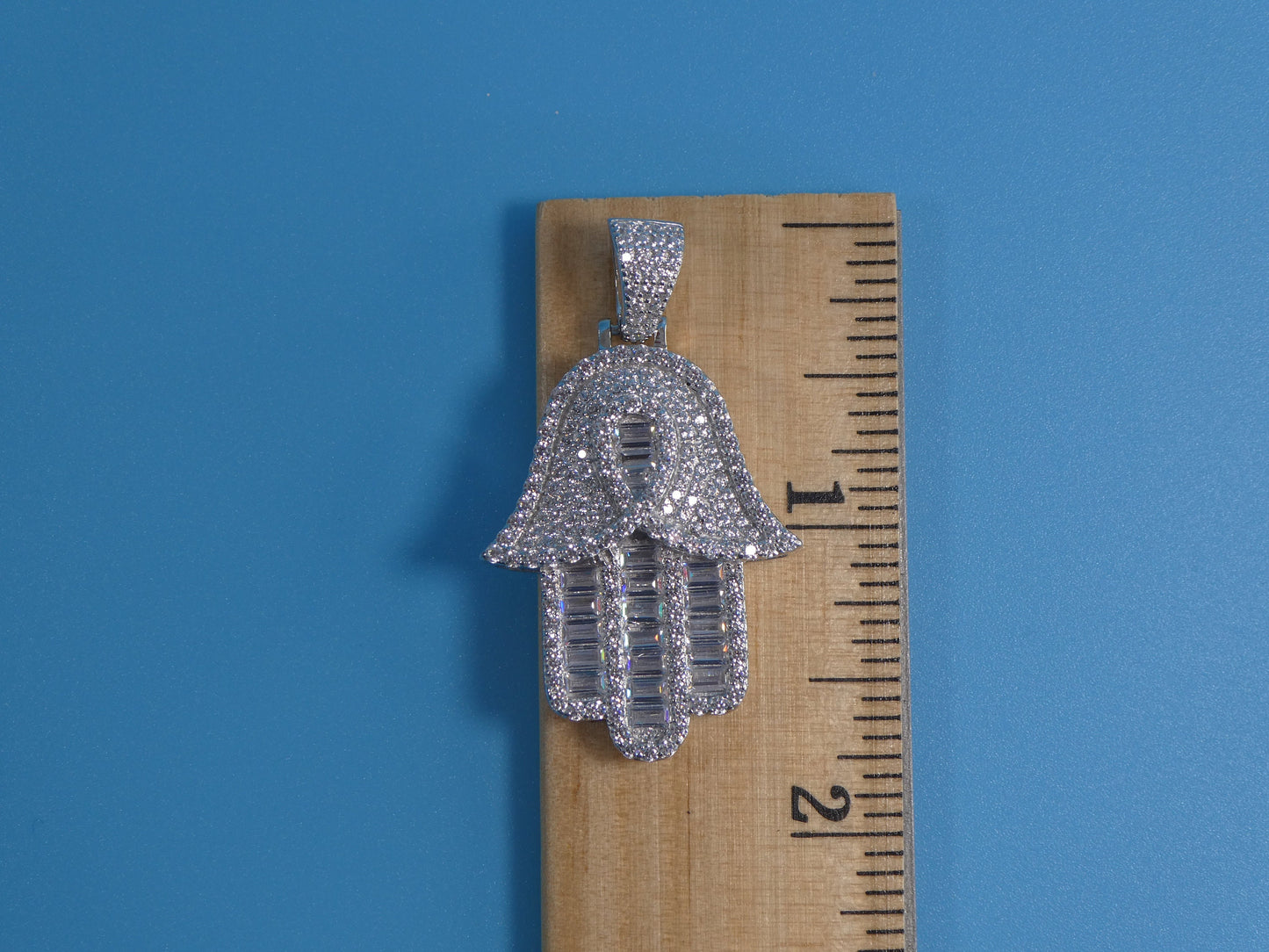 14k white gold color tone chain and large hamsa evil eye charm pendent over real 925 sterling silver
