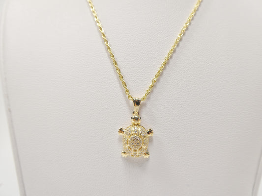 14k real solid yellow gold turtle pendent and rope necklace