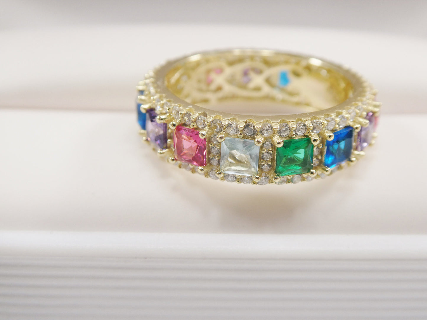 Sterling Silver Anniversary Band, Rainbow Multi Color Ring