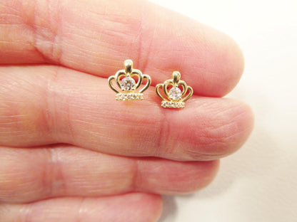 Real 10k Solid Yellow Gold Crown Style Push Post Circle Stud Earrings