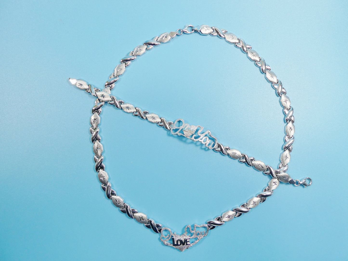 925 real sterling silver I love you xoxo hugs and kisses stampato 14k white gold tone color
