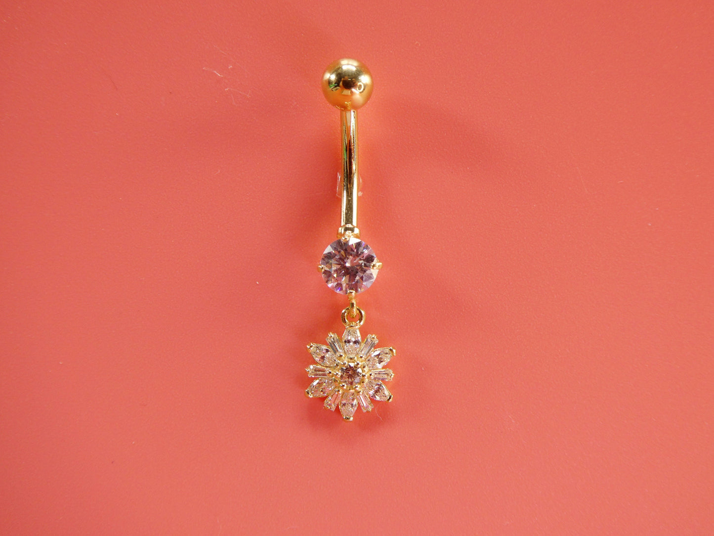 14k real solid yellow gold dangling flower belly button ring piercing