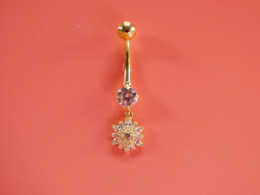 14k real solid yellow gold dangling flower belly button ring piercing
