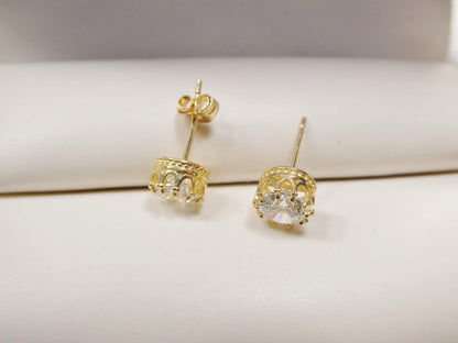 Real 10k Solid Yellow Gold Crown Style Push Post Circle Stud Earrings