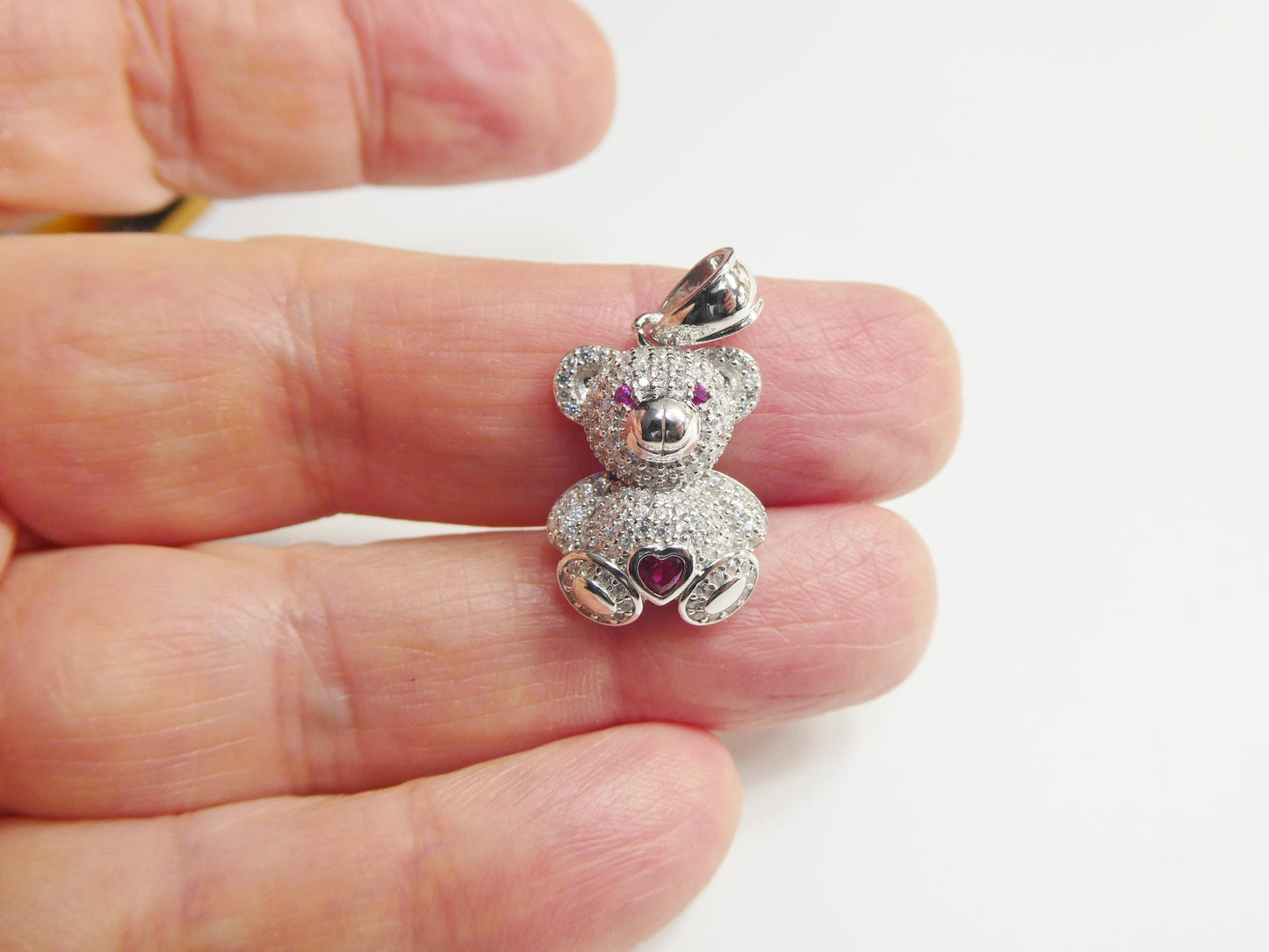 925 sterling silver teddy bear pink stone set chain and pendent