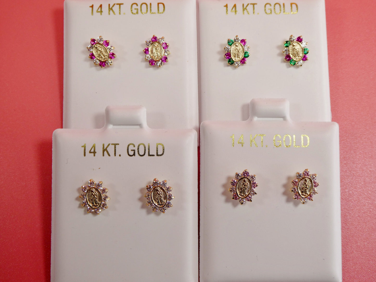 14k real solid yellow gold screw back Guadalupe virgin Mary earrings oval shape