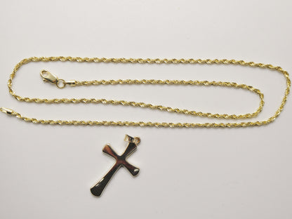 14k Real Solid Yellow Gold Super Polish Cross Pendent and Robe Necklace