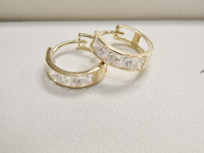 Real 10k Solid Yellow Gold Square-cut Stone Hoop Huggie Earrings