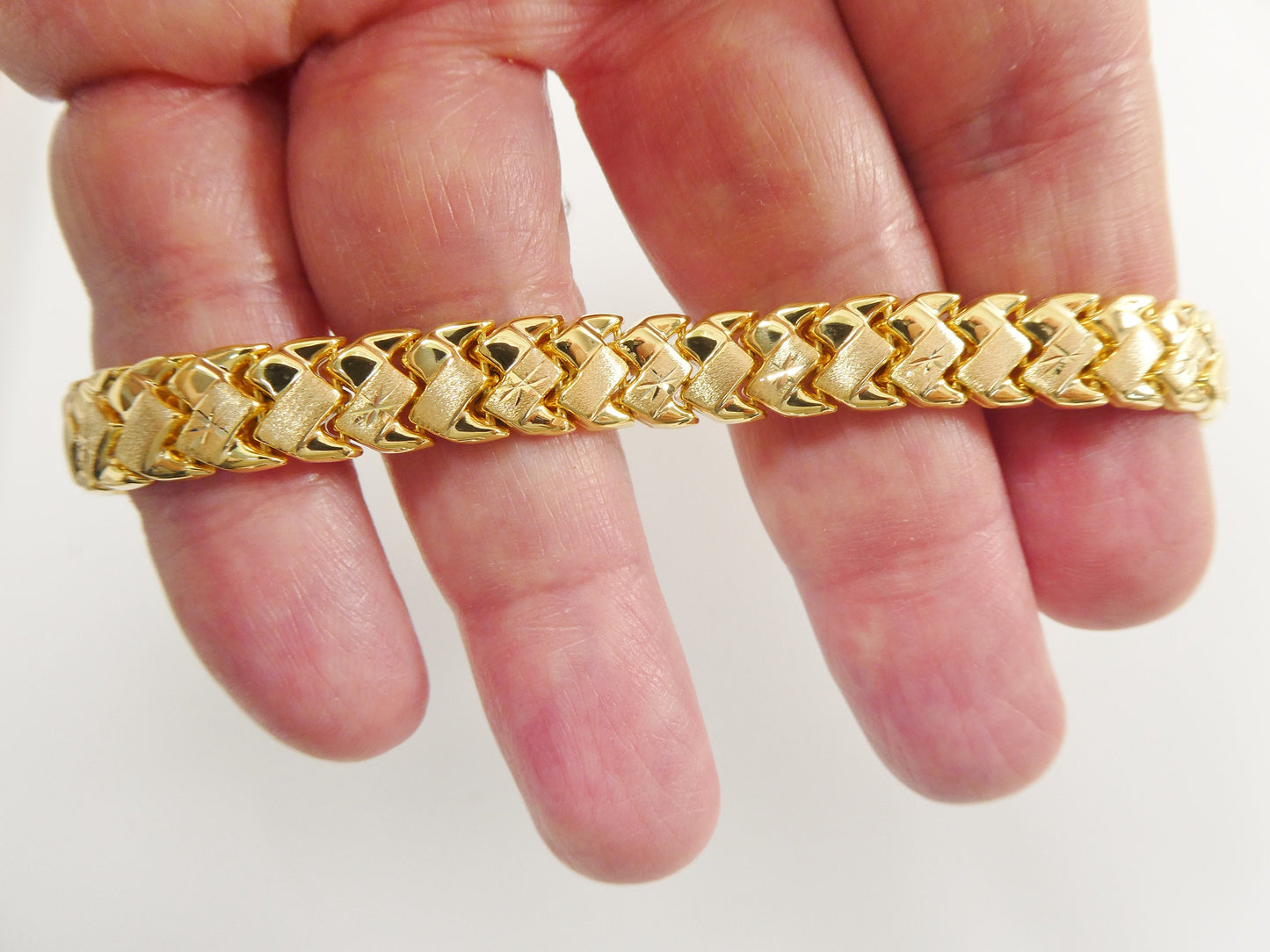 Stamped Basket Bracelet: 14k Yellow Gold Finish, Sterling Silver