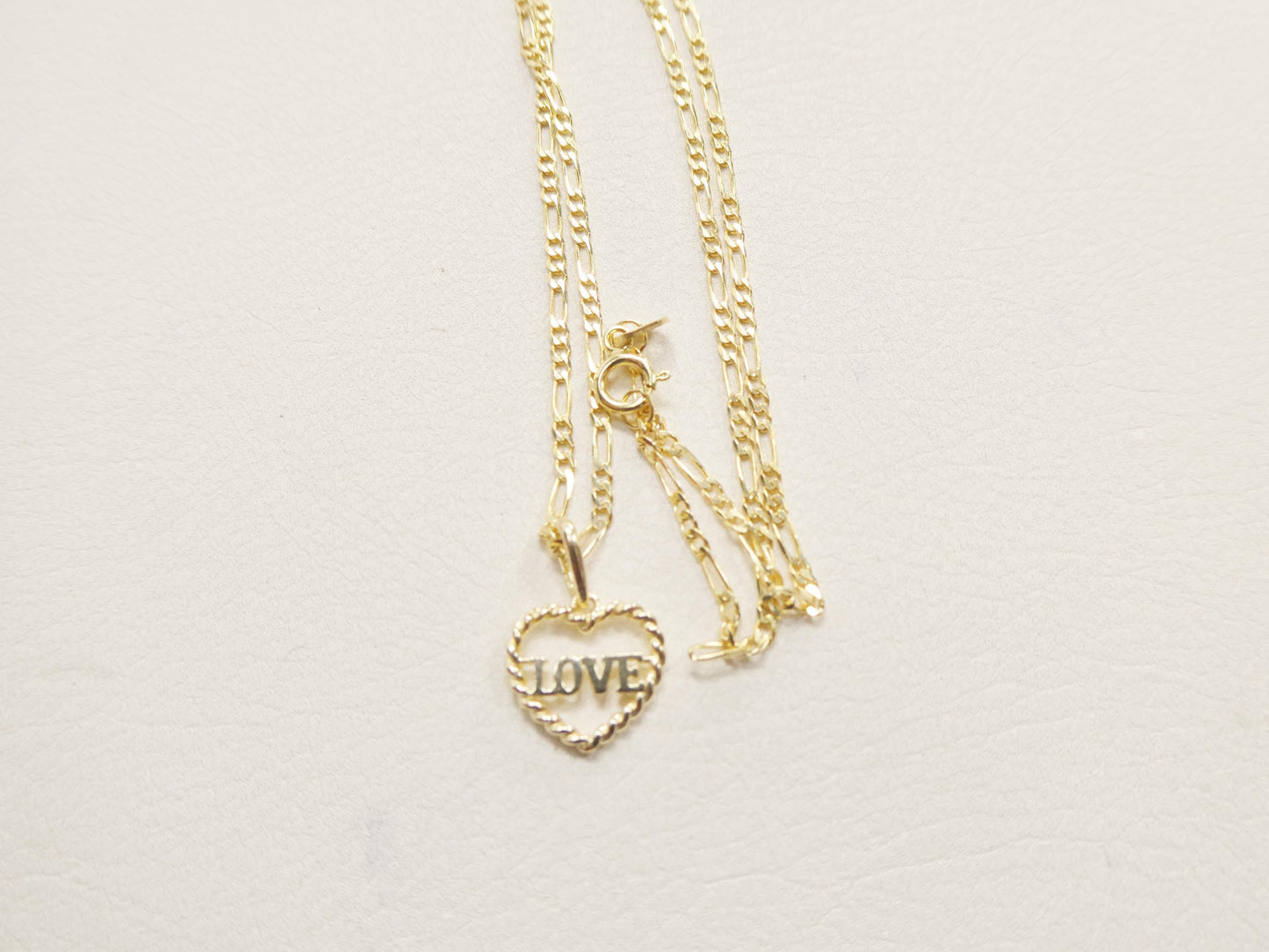 10k Yellow Gold Figaro Chain Necklace with Love Heart Pendant