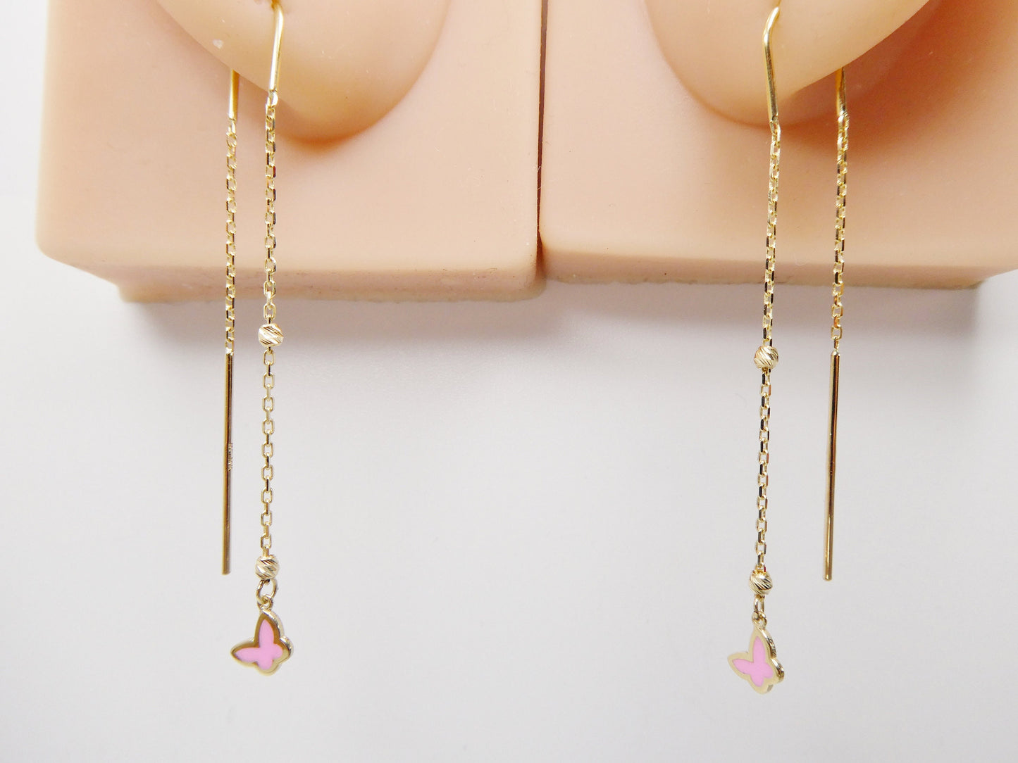 14k real solid yellow gold pink butterfly long dangling earrings