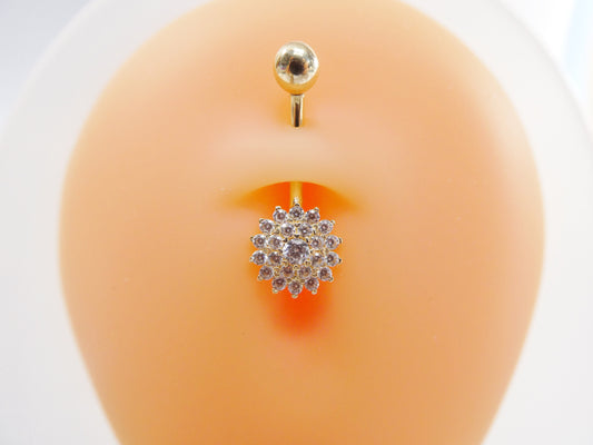 14k real solid yellow gold flower shaped belly button ring piercing