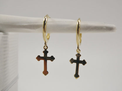 Real 10k Solid Yellow Gold Hoop Huggie Dangle Plain Cross Earrings