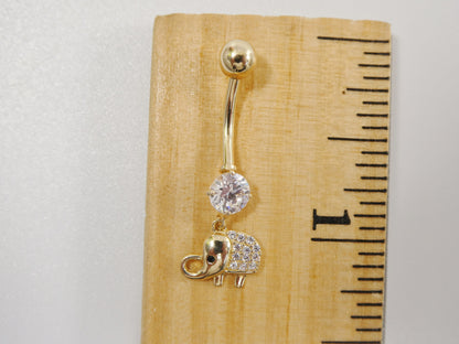 14k Real Solid Yellow Gold Elephant Dangling Belly Button Ring Piercing