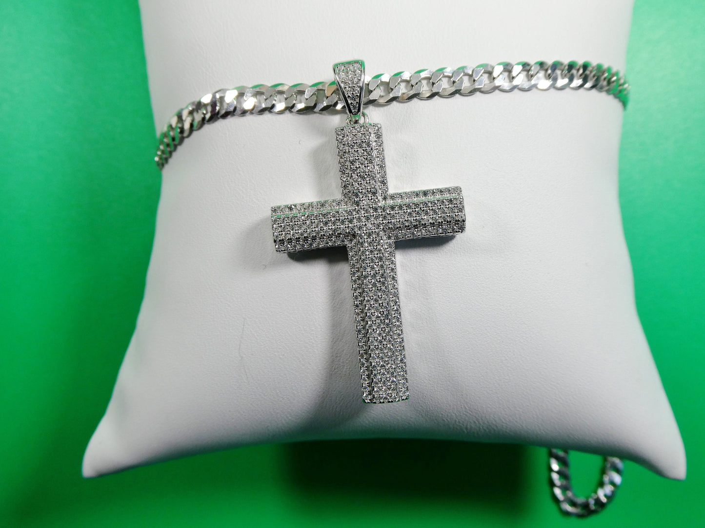 14k white gold color tone chain and large cross charm pendent over real 925 sterling silver