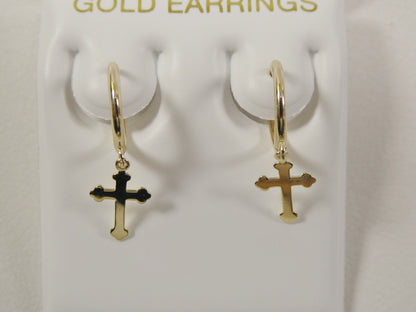 Real 10k Solid Yellow Gold Hoop Huggie Dangle Plain Cross Earrings