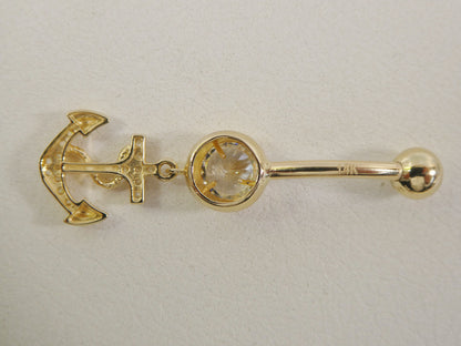 14k Real Solid Yellow Gold Dangling Anchor Belly Button Ring Piercing