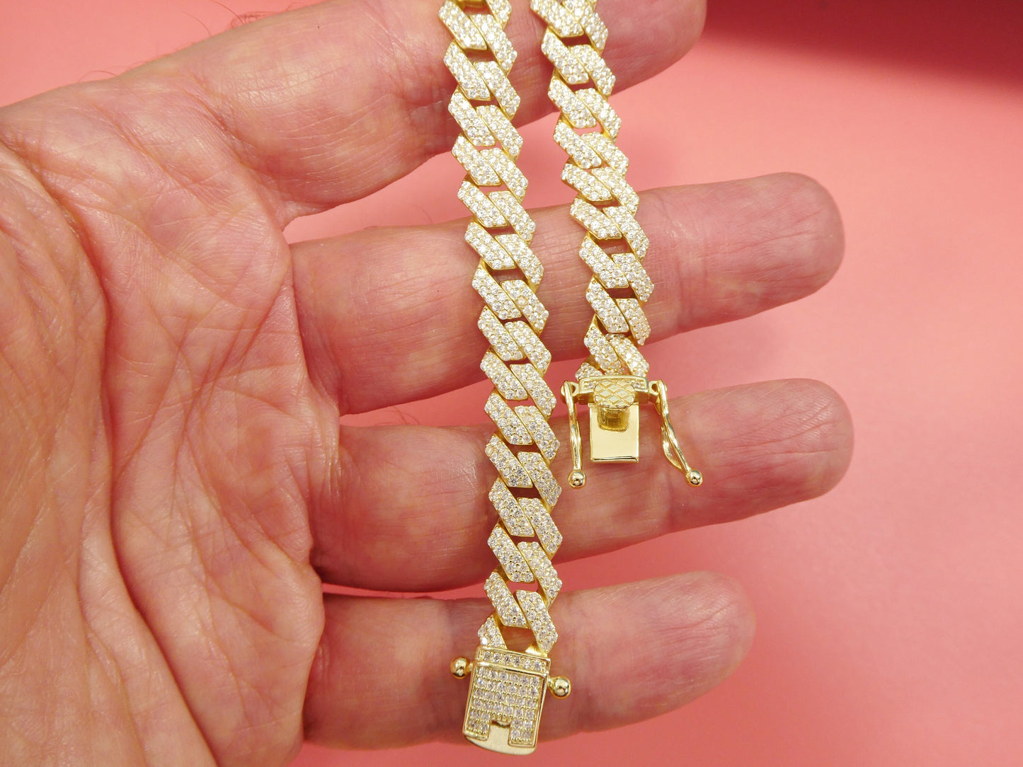 MEN LADIES 14k yellow gold color Monaco bracelet over real solid 925 sterling silver