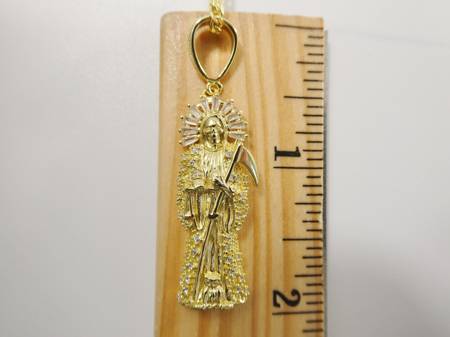 Sterling Silver Santa Muerte Pendant Necklace: 14k Gold Finish