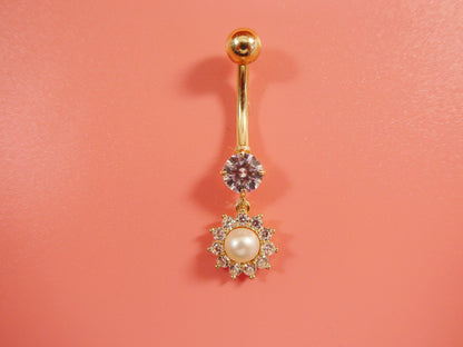 14k Real Solid Yellow Gold Dangling Freshwater Real Pearl Belly Button Ring Piercing