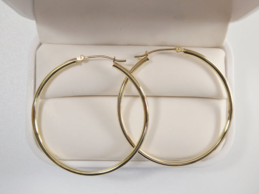 14K real solid yellow gold 2mm / 40mm round hoop earring snap closure high polish finish