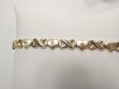 Real 10k Solid Yellow Gold XO Heart Hugs and Kisses Stampato 6.5 Inch Bracelet