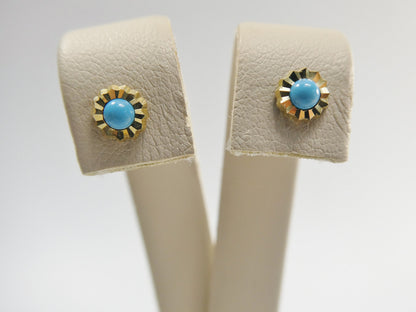 Real 10k Solid Yellow Gold Small Round Turquoise Push Post Stud Earrings
