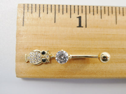 14k Real Solid Yellow Gold Owl Dangling Belly Button Ring Piercing