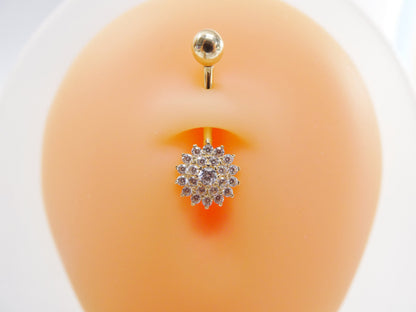 14k Real Solid Yellow Gold Flower Shaped Belly Button Ring Piercing
